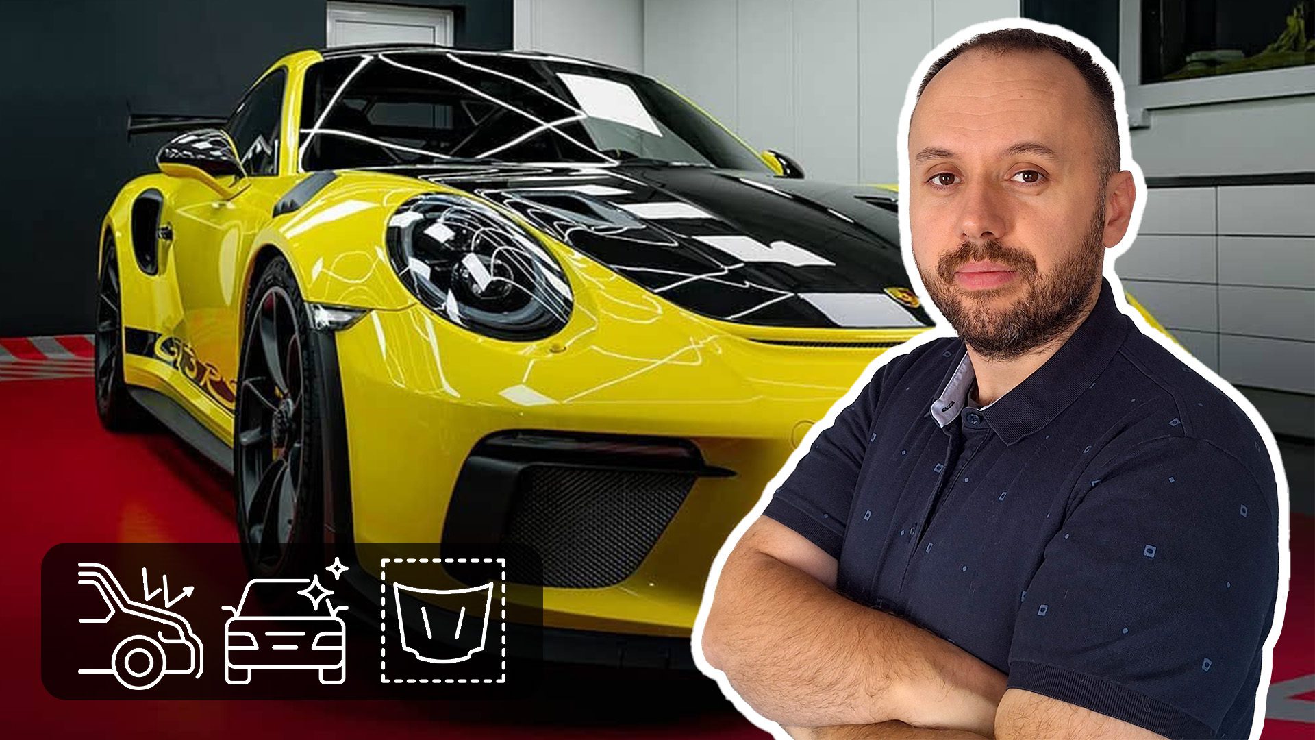 Yellow Porsche GT3 RS with paint protection film, with instructor Stefan Nikolić beside it